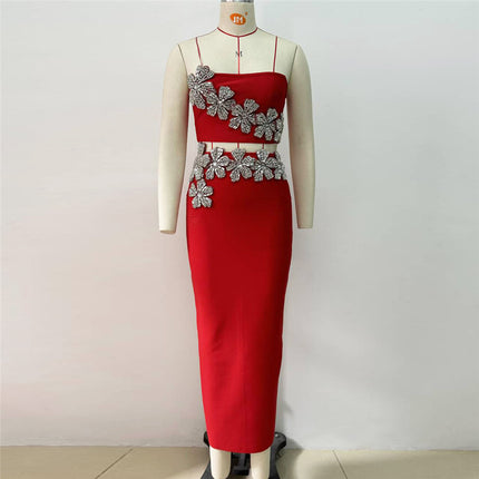 2025 European and American New Design Flower Diamond Bandage Set Sexy Tube Top Long Skirt Two-Piece Set