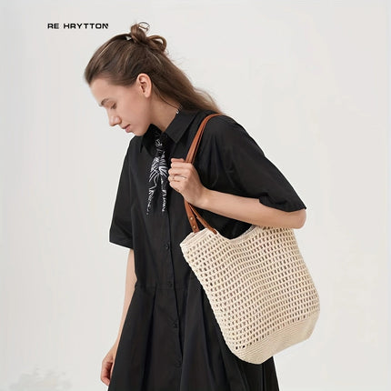 All-Match High-Grade Straw Woven Bag Cotton Bag Handmade Woven Bag Large Capacity Beach Bag Shoulder Bag Tote Bag Women