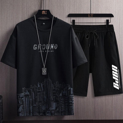 New Quick-drying Ice Silk Gradient suit Men's Short-sleeved T-shirt Summer Casual Shorts Sports Two-piece Handsome Men's Wear
