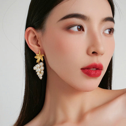 S925 Silver Needle French Retro Pearl Earrings Chinese Style Long Grape Tassel Accessible Luxury High-End Niche Earrings for Women