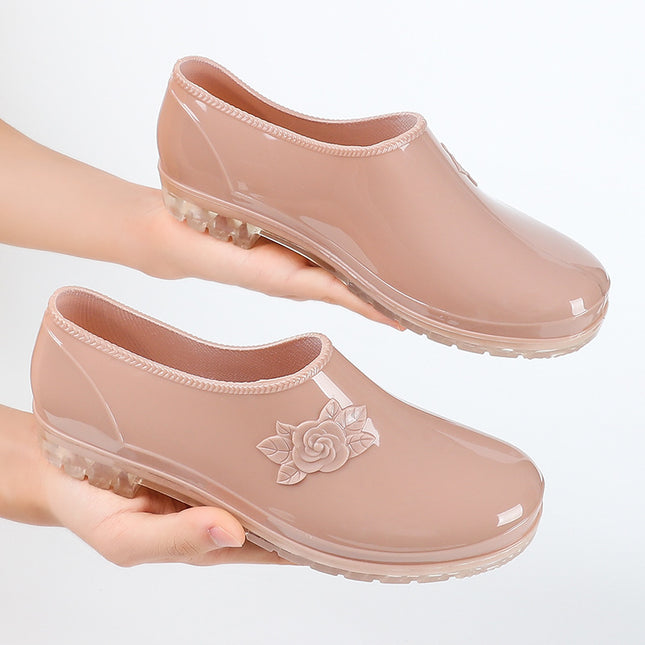 PVC Fashion Shallow Mouth Wear-resistant Kitchen Women's Water Shoes Non-slip Yuanbao Low-side Car Wash Labor Protection Red Rain Boots