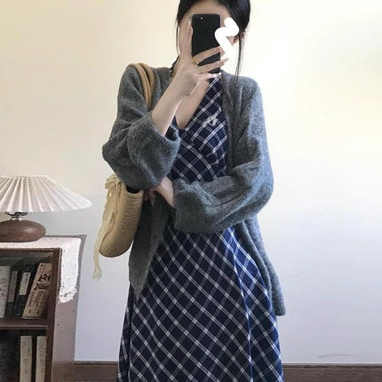 Tall 172cm Extended Version Summer French-Style Halter V-Neck Strap Dress, Elegant and Slimming Blue Plaid Long Dress