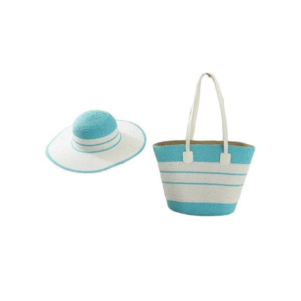 Cross-Border Straw Hat Straw Bag Two-Piece Set Sun Hat Large Capacity Striped Tote Bag Shoulder Bag Beach Bag Factory Store