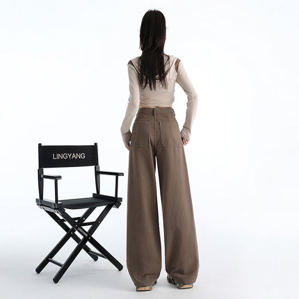 Attention Moment Brown brown Retro Jeans Women's Autumn and Winter High Waist Loose All-match Slimming Straight Pants