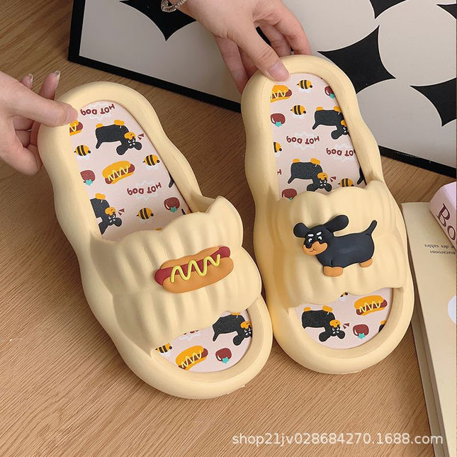 Women's Summer Slippers with Poop Feeling, Cartoon Hot Dog, Internet Celebrity Couple, Soft Bottom, Home Non-Slip Indoor Sandals, Holiday Slippers