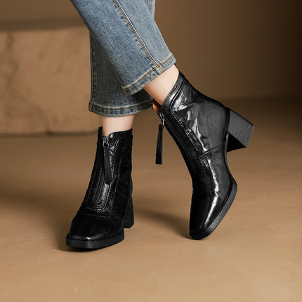 Spring and Autumn Single Boots 2024 Autumn New Women's Boots Thick Heel High Heel Fashion Boots Retro Square Head Front Zipper Ankle Boots