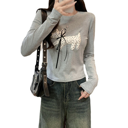 Pure Cotton Three-dimensional Dog Decorative Long-sleeved T-shirt Women's Early Autumn New Slim-fit Bow Round Neck Top