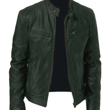 Foreign Trade Business Gentleman Warm Zipper Cardigan Pocket Decorative PU Leather Jacket Stand Collar Slim Fit Zipper Leather Jacket