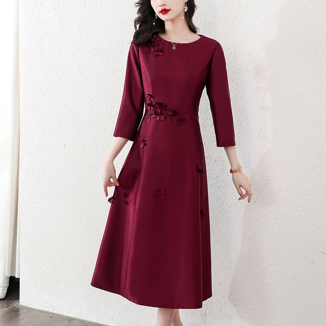 Xi mother-in-law wedding dress wine red dress 2023 autumn new fashion retro elegant slim dress