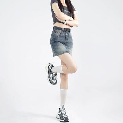 Denim Skirt Women's Short Skirt 2024 Summer New High Waist Slimming Anti-running Light Cover Meat Design Sense Wrap Hip Skirt
