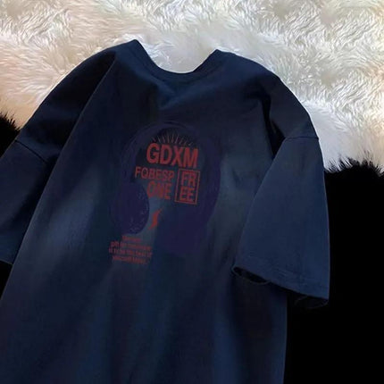 Ins Trendy Brand Headphone Printed Heavy Cotton Short-Sleeved T-Shirt Men's American Retro Summer Loose Round Neck Short-Sleeved T-Shirt