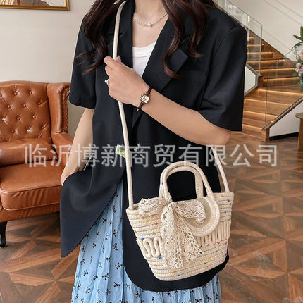 Ins Style Handmade Woven Handbag Straw Woven Bag Seaside Crossbody Bag Vegetable Basket Bag Travel Beach Tote Bag