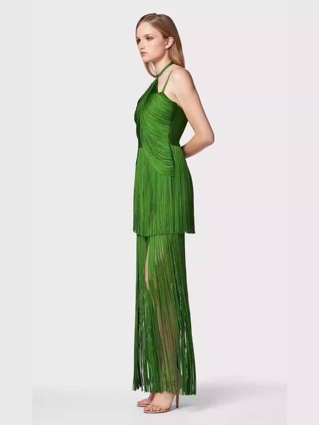 Cross-border Foreign Trade New European and American High Street Fashion Green Bandage Tassel dress Red Carpet Banquet Party Dress