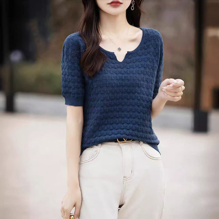 Pure Cotton Knitted Short-Sleeved Women's Spring and Summer New Elegant Half-Sleeved Cut Out Loose Fashion Pure Color T-Shirt Top