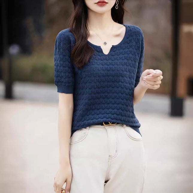 Pure Cotton Knitted Short-Sleeved Women's Spring and Summer New Elegant Half-Sleeved Cut Out Loose Fashion Pure Color T-Shirt Top