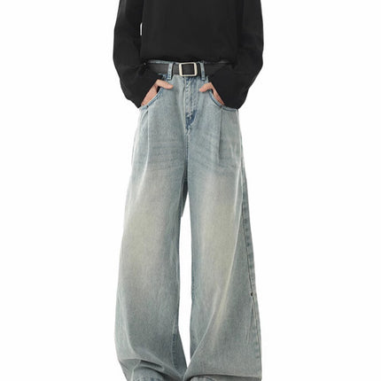 American-Style Drapey Wide-Leg Jeans for Men, Spring and Autumn Straight Loose Scimitar Pants, High Street Clean Fit Pants for Men