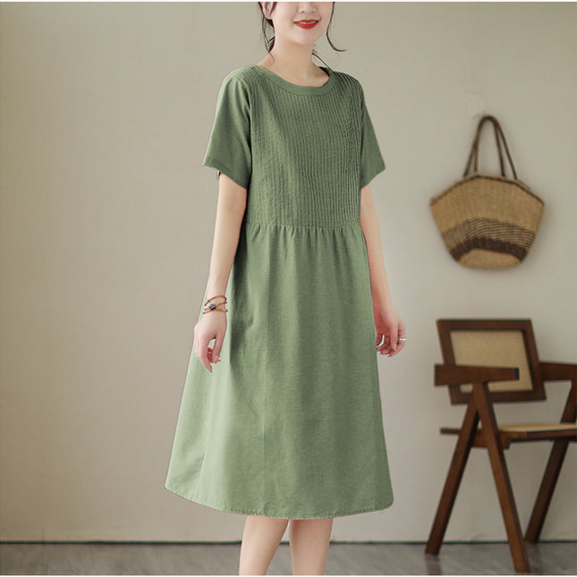 2024 Summer new Korean style organ pleated solid color round neck short sleeve midi dress women's loose slimming cotton and linen dress