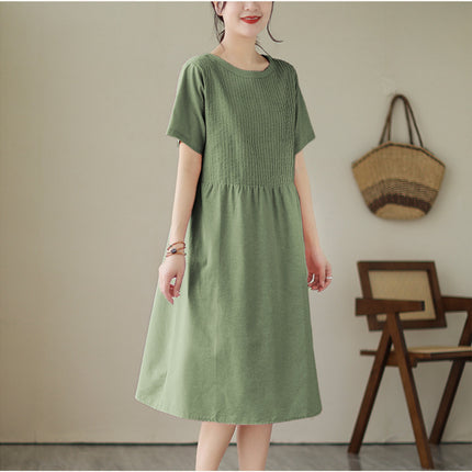 2024 Summer new Korean style organ pleated solid color round neck short sleeve midi dress women's loose slimming cotton and linen dress