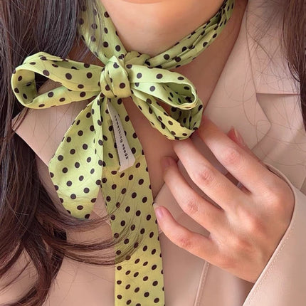 Korean Style Green Poll Dot Long Silk Scarf Neck Women's 2025 Spring and Summer New Style Tie Hair Belt High-end Scarf Belt