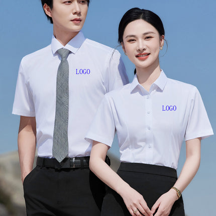 Blue Short-Sleeved Shirt for Women 4S Shop Work Clothes Professional Wear No-Iron Formal White Shirt Men and Women Same Style Business Workwear