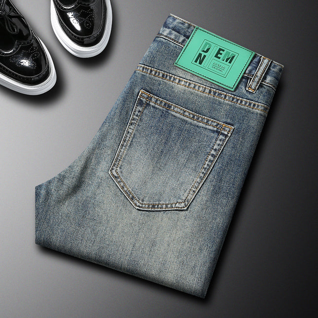Trendy Retro Blue Cropped Jeans Men's Autumn and Winter Waist Letter Embroidery Stretch Slim-Fit Small Straight Feet Nostalgic Youth