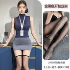 Dark gray [top + skirt + badge + t pants] including black open pantyhose / One Size
