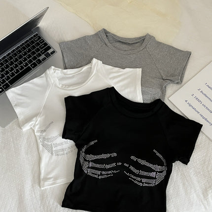 Hot Girl High Street Hot Diamond Short-Sleeved T-Shirt Women's Summer Sexy Petite Casual Versatile Tight Short Crop Top