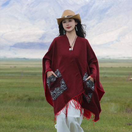 Xinjiang Xizang Travel Photo Split Pocket Ethnic Scarf Women's Dual-use Warm Outer Cape Cape Shawl
