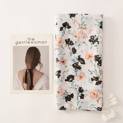 Ethnic Style Simple Elegant Artistic Ink Painting Flower Soft Beach Towel Cotton Linen Hand Scarf Air-Conditioned Room Decorative Shawl
