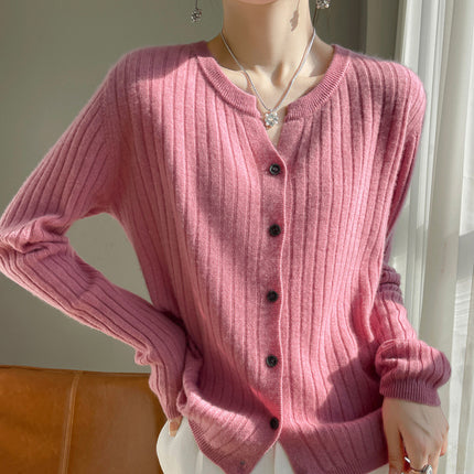 Korean-style Round V-neck Pit-strip Cardigan Women's Knitted Sweater Top Long-sleeved Solid Color Jacket Spring/Autumn/Winter Women's Knitted Jacket