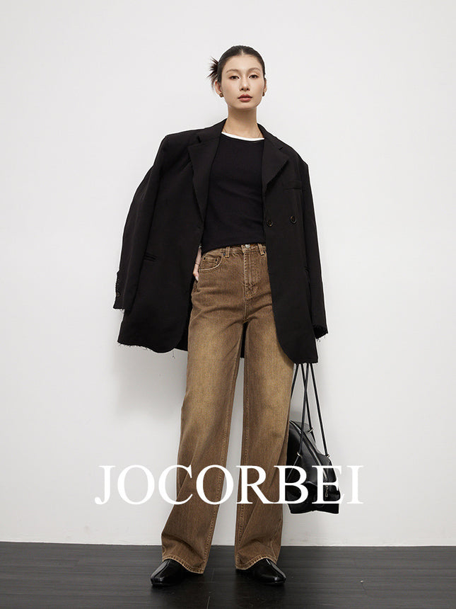 JOCORBEI [Dark Brown Coffee] Wide Leg Jeans Women's Straight Slimming American Casual High Street Vintage Washed