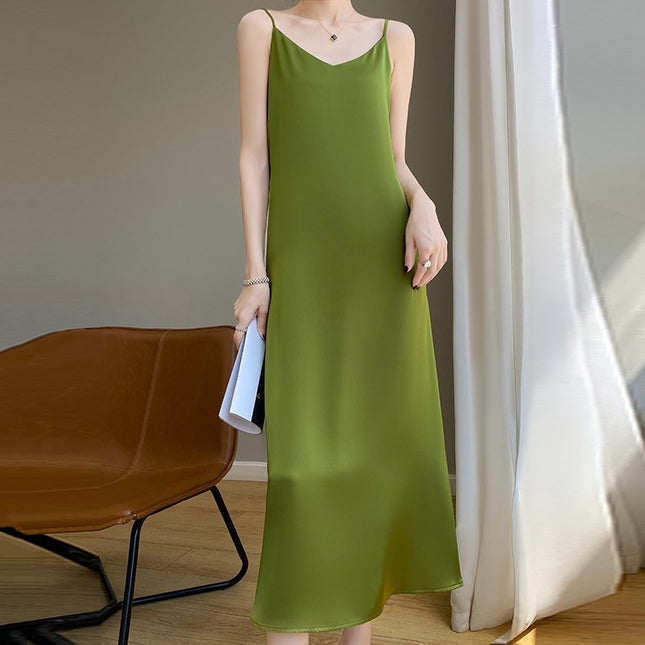 Simulated Silk Satin Suspender Dress for Women in Spring and Summer with Suit Acetate French Mid-length Design Niche Trend