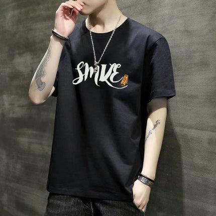 Men's Short-Sleeved T-Shirt 2023 Slim Fit Versatile Top Youth Korean Style Bottoming Shirt Printed T-Shirt Casual Round Neck
