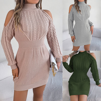 2026 Autumn/Winter Casual Off-Shoulder Half-High Collar Cable Knit Lantern Sleeve Bodycon Sweater Dress Independent Cross-Border Women's Fashion