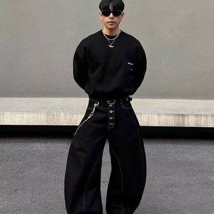 American Retro Wide-Leg Jeans for Women Versatile Topstitch Irregular Split Multi-Pocket Scimitar Silhouette Floor-Length Pants Unisex
