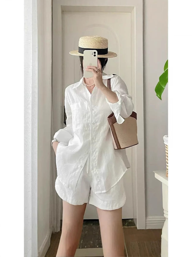 Single Piece/Complete Set Amazon Cross-Border New Set Cotton and Linen Shirt Shorts Casual Two-Piece Set Wholesale