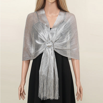 Cross-border new ladies solid color tassel long towel fashion simple gold and silver silk sunshade shawl commuter all-match scarf