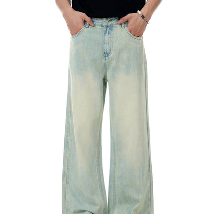 11Kn American Clear Water Blue Jeans for Men and Women Straight-Leg Distressed Retro Light-Colored Stereo Slim Casual Loose Pants
