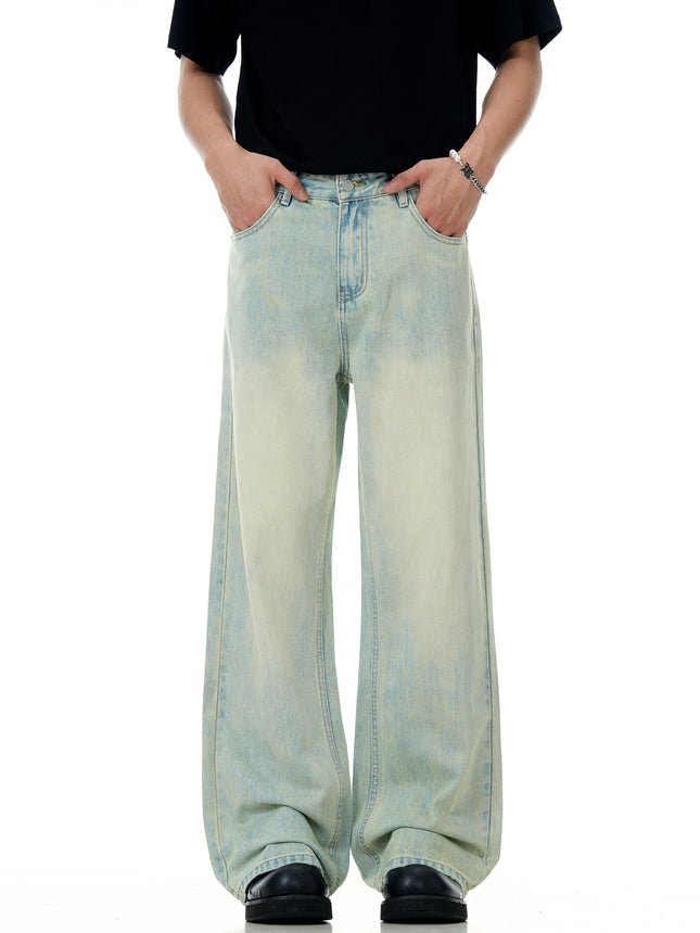 11Kn American Clear Water Blue Jeans for Men and Women Straight-Leg Distressed Retro Light-Colored Stereo Slim Casual Loose Pants