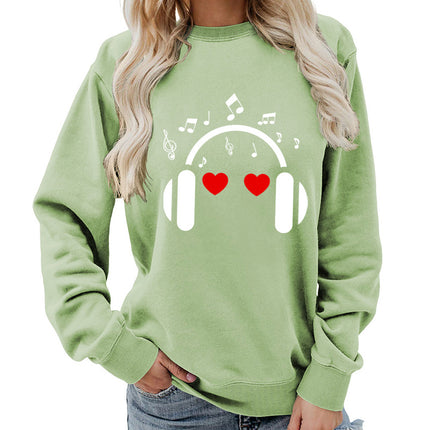 Music Headphones Love Printed Round Neck Women's Top Sweatshirt Foreign Trade Supply Autumn and Winter Coat Casual Loose European Size