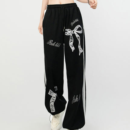 Trendy Jazz Dance Ballet Style Lace Trim Casual Pants Elastic Waist Sports Straight Slim Versatile Black Long Pants