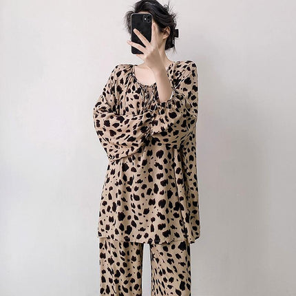 2025 New Leopard Print Cotton Silk Pajamas Women's Summer Thin Long-sleeved High-end Outwear Spring and Autumn plus size Home Clothes