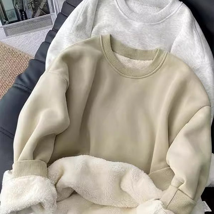 Ultra-Thick Round Neck Sweatshirt for Women in Autum Fleece-Lined and Thickeneded Hooded Pullover Cashmere Inner Top for Warmth and Base Layering