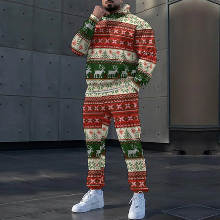 Autumn and Winter Loose 3D Men's Hooded Sweatshirt Set Christmas Printed Sports Two-Piece Set Cross-Border Trendyy Export