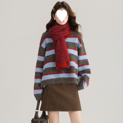Retro Green Striped Design Thick Sweater Simple Women's Winter Lazy Loose Stylish Top
