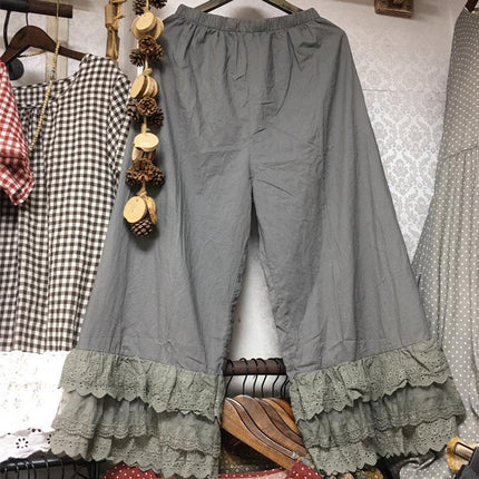 Japanese Women's Sweet and Fresh Wide-leg Pants Multi-layer Lace-trimmed Casual All-match Leggings Cotton and Linen Loose Ankle-length Pants