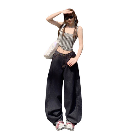 American Style dark blue Scimitar Wide Leg Jeans Women's 2025 Summer New High Waist Straight Loose Slimming Mop Pants