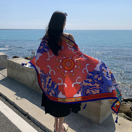 Ethnic Style Printed Silk Scarf Women's Seaside Travel Sun Protection Gauze Air Conditioning Warm Scarf Versatile Long Shawl