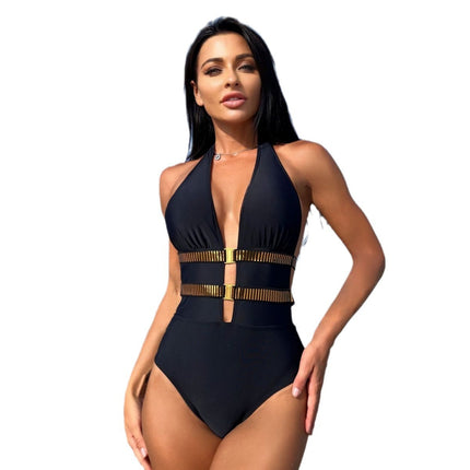 2025 European and American New Sexy Leaky Back Webbing One-Piece Swimsuit Bikini Bikini Cross-Border Amazon