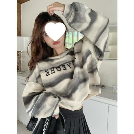 South Korea's Dongdaemun Tie-Dye Stripesd Printed Short Sweatshirt for Women Autumn 2024 New Loose High-Waisted Round Neck Top